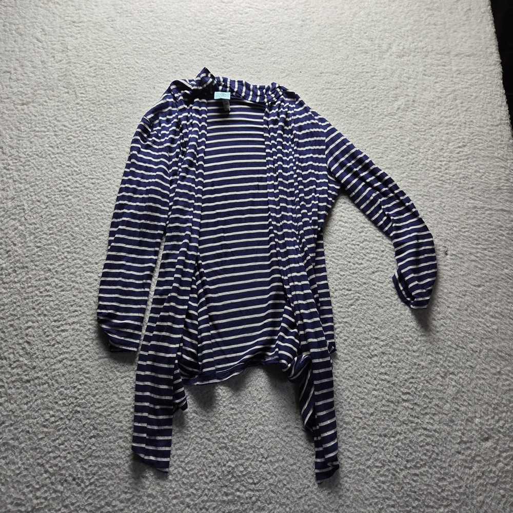 H.i.p. Cardigan Sweater Juniors L Blue White Striped Open Front Knit Lightweight